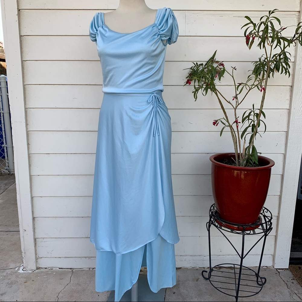 Vintage baby blue draped Bardot‎ Maxi tiered wrap dress Ruffle layer Bridgerton